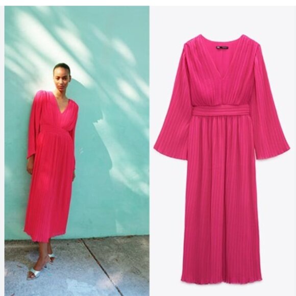 NWOT ZARA WOMAN NWT FUCHSIA PLEATED V-NeckMIDI CHIFFON DRESS_7969/053 - Picture 2 of 6